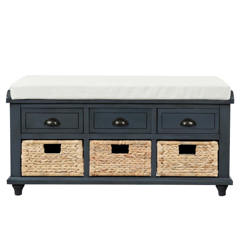 White Storage Bench with 3 Drawers & 3 Wicker Baskets, 1-Person Seat