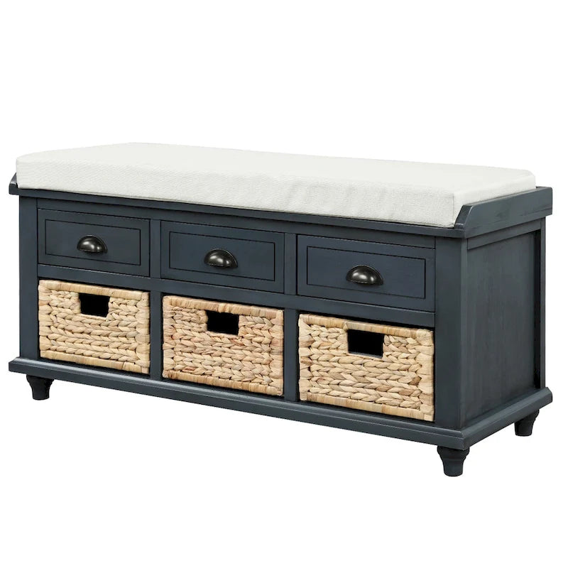 White Storage Bench with 3 Drawers & 3 Wicker Baskets, 1-Person Seat