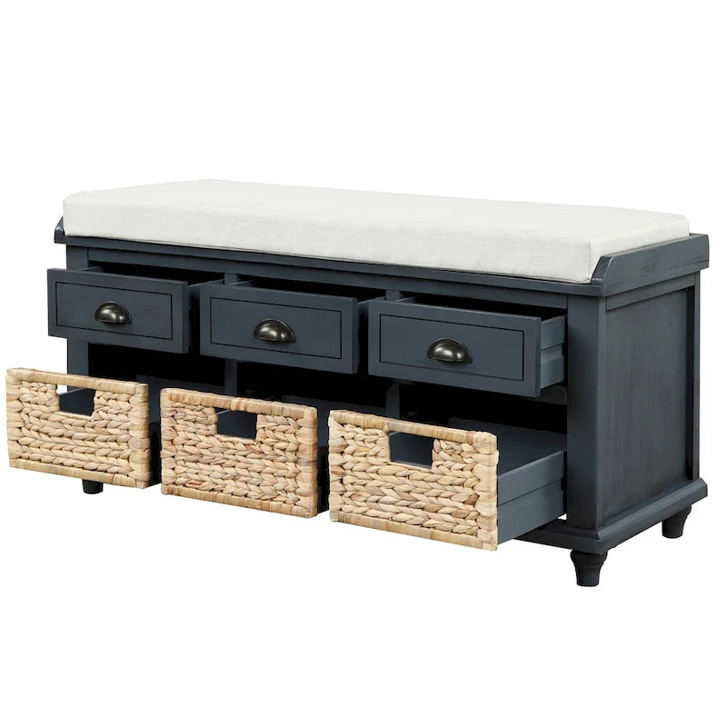White Storage Bench with 3 Drawers & 3 Wicker Baskets, 1-Person Seat