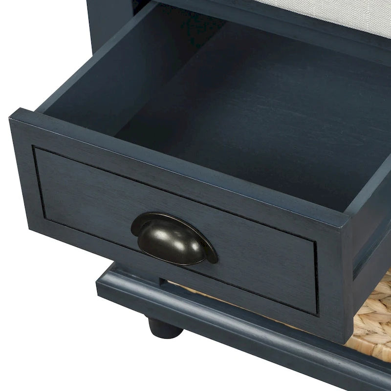 White Storage Bench with 3 Drawers & 3 Wicker Baskets, 1-Person Seat