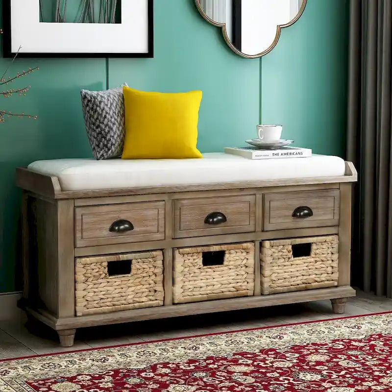 White Storage Bench with 3 Drawers & 3 Wicker Baskets, 1-Person Seat