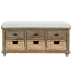 White Storage Bench with 3 Drawers & 3 Wicker Baskets, 1-Person Seat