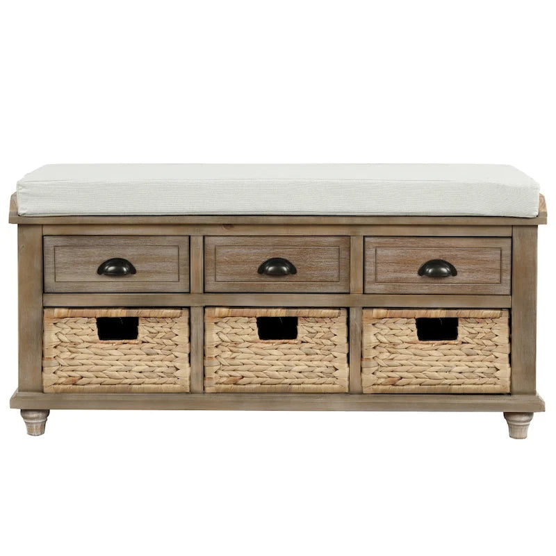 White Storage Bench with 3 Drawers & 3 Wicker Baskets, 1-Person Seat