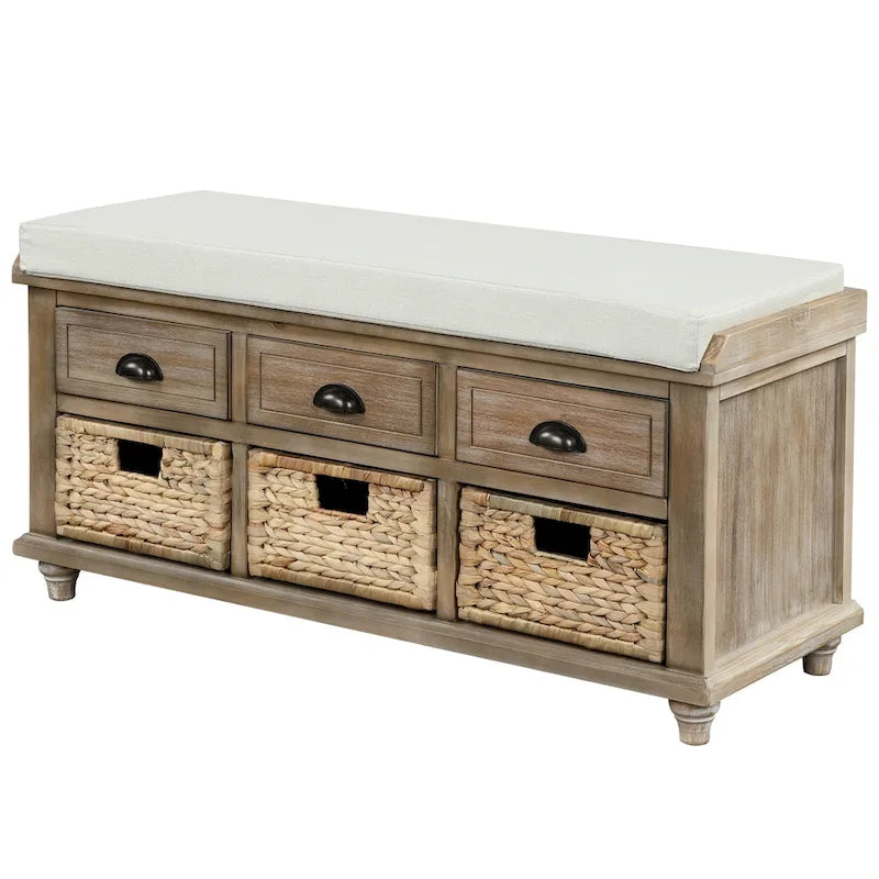 White Storage Bench with 3 Drawers & 3 Wicker Baskets, 1-Person Seat