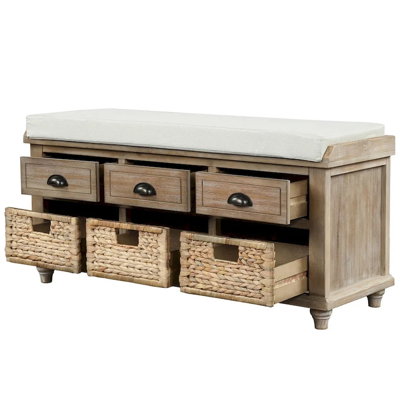 White Storage Bench with 3 Drawers & 3 Wicker Baskets, 1-Person Seat