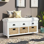 White Storage Bench with 3 Drawers & 3 Wicker Baskets, 1-Person Seat