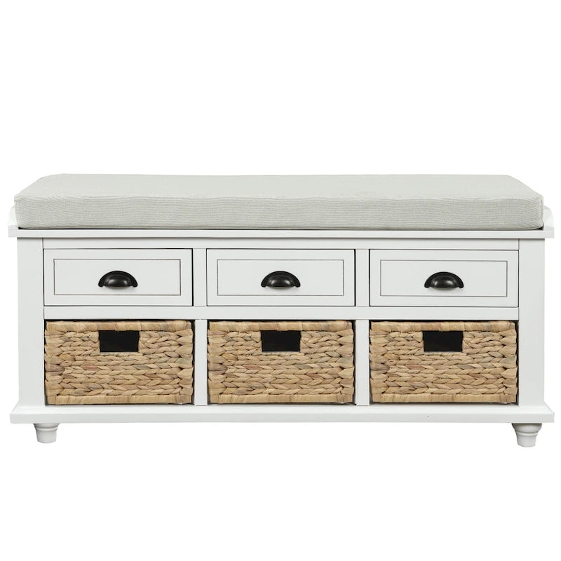 White Storage Bench with 3 Drawers & 3 Wicker Baskets, 1-Person Seat