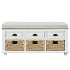 White Storage Bench with 3 Drawers & 3 Wicker Baskets, 1-Person Seat
