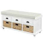 White Storage Bench with 3 Drawers & 3 Wicker Baskets, 1-Person Seat