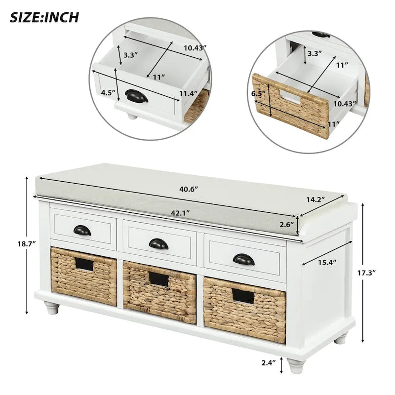 White Storage Bench with 3 Drawers & 3 Wicker Baskets, 1-Person Seat