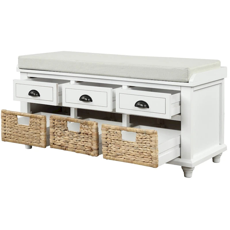 White Storage Bench with 3 Drawers & 3 Wicker Baskets, 1-Person Seat