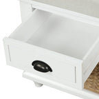 White Storage Bench with 3 Drawers & 3 Wicker Baskets, 1-Person Seat