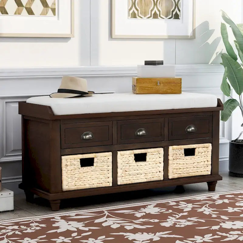 White Storage Bench with 3 Drawers & 3 Wicker Baskets, 1-Person Seat