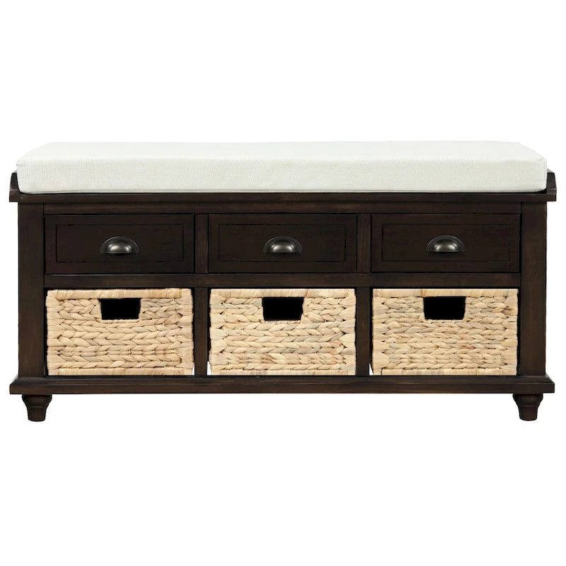 White Storage Bench with 3 Drawers & 3 Wicker Baskets, 1-Person Seat