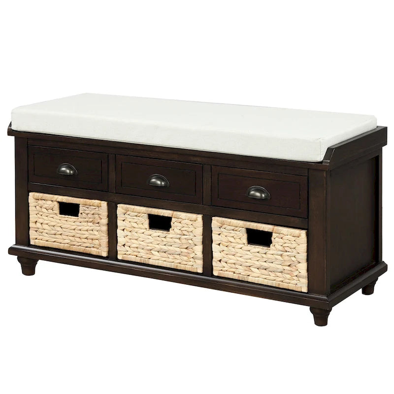 White Storage Bench with 3 Drawers & 3 Wicker Baskets, 1-Person Seat