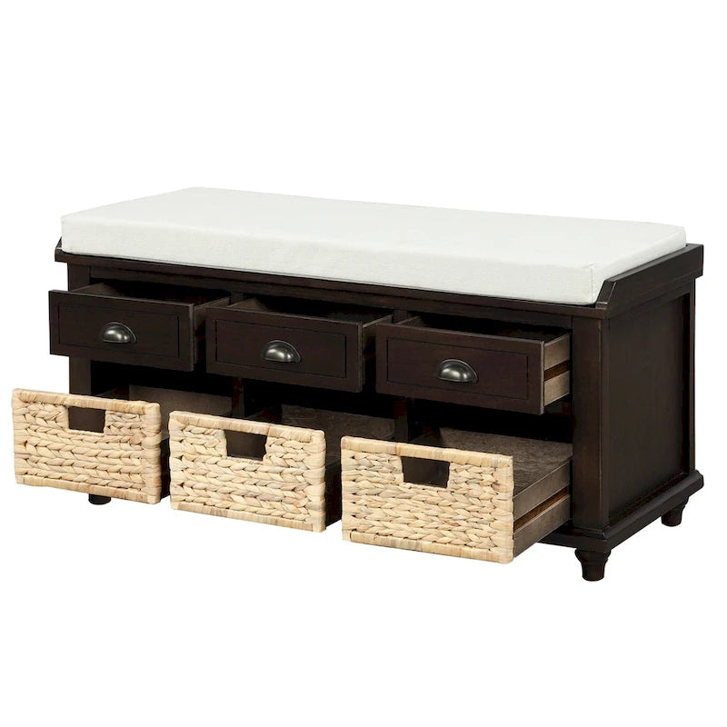 White Storage Bench with 3 Drawers & 3 Wicker Baskets, 1-Person Seat