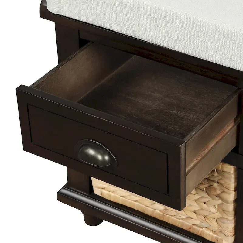 White Storage Bench with 3 Drawers & 3 Wicker Baskets, 1-Person Seat