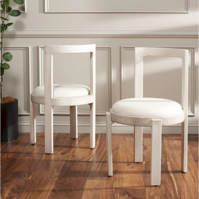 White Round Dining Chair, Solid Wood Frame, Set of 2
