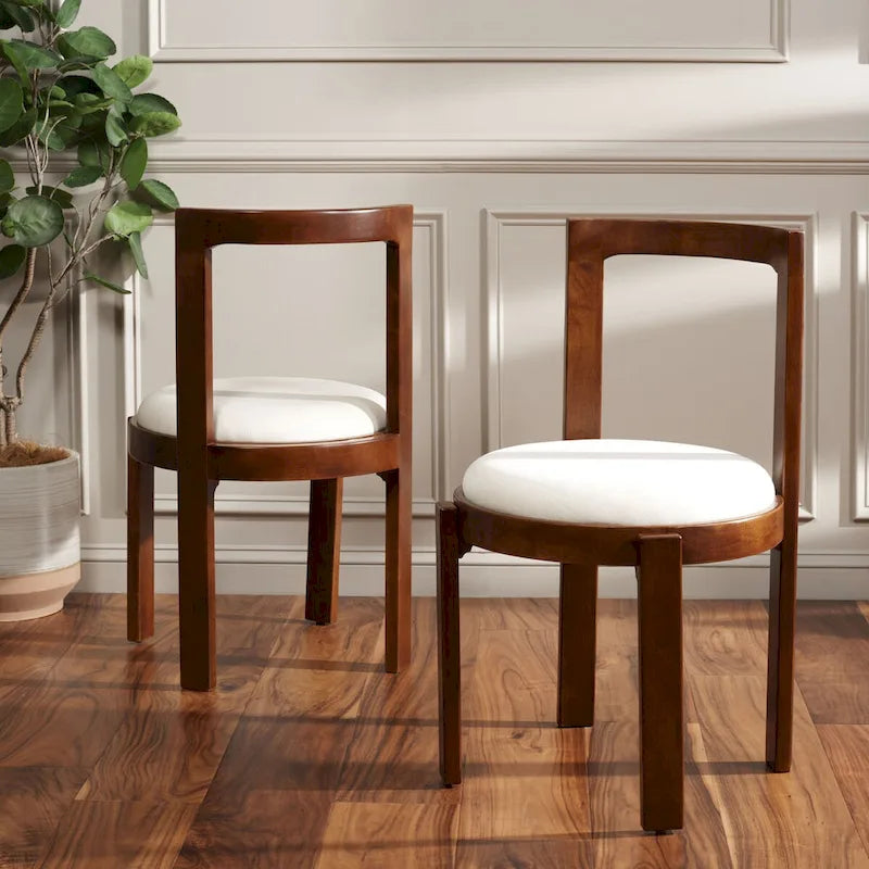 White Round Dining Chair, Solid Wood Frame, Set of 2